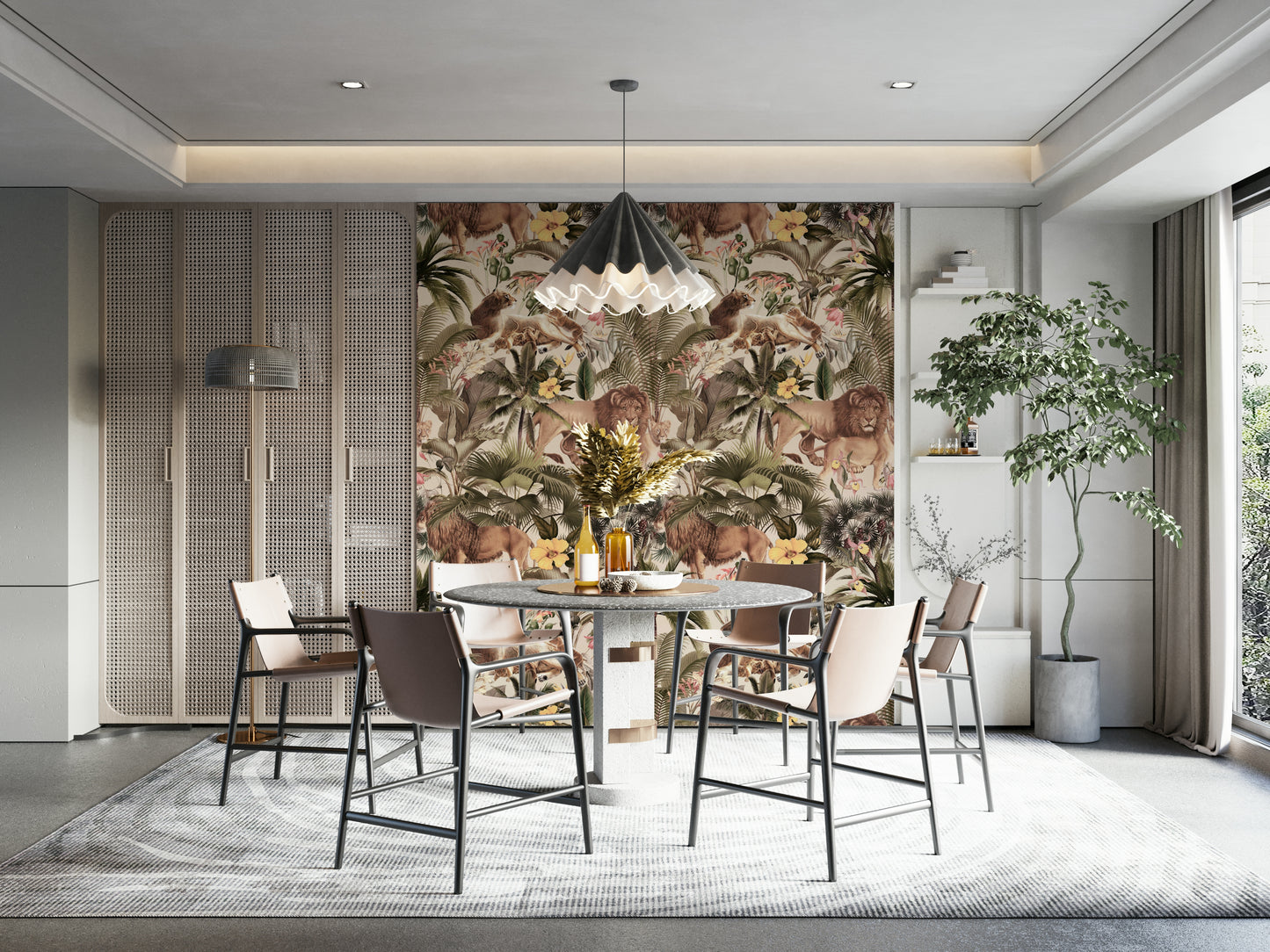 Vibrant jungle wallpaper with animals and lush green leaves

