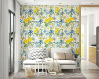 Soft floral wallpaper with vibrant irises and roses for walls

