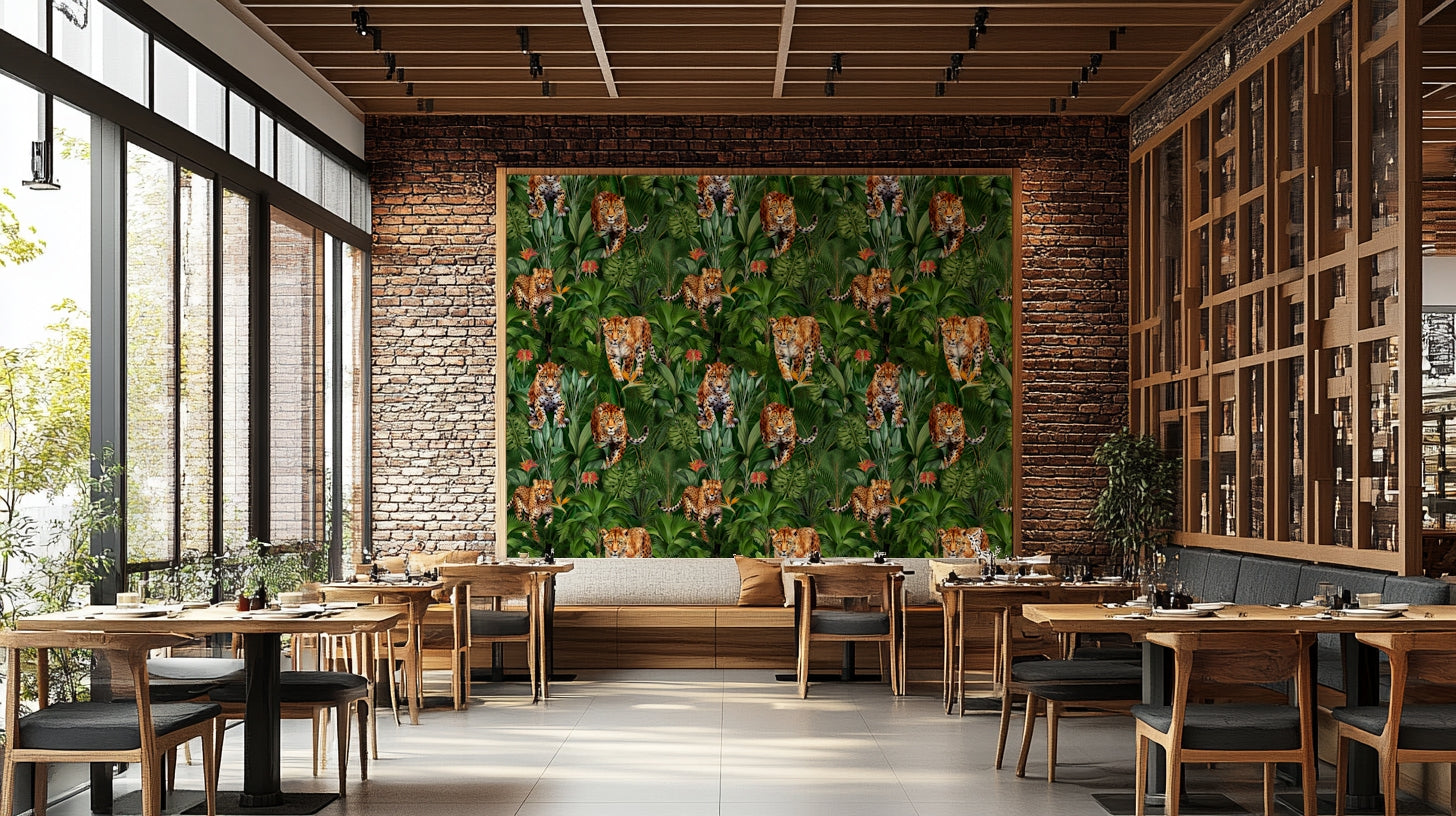 Nature-inspired wallpaper with fierce big cats in a jungle setting


