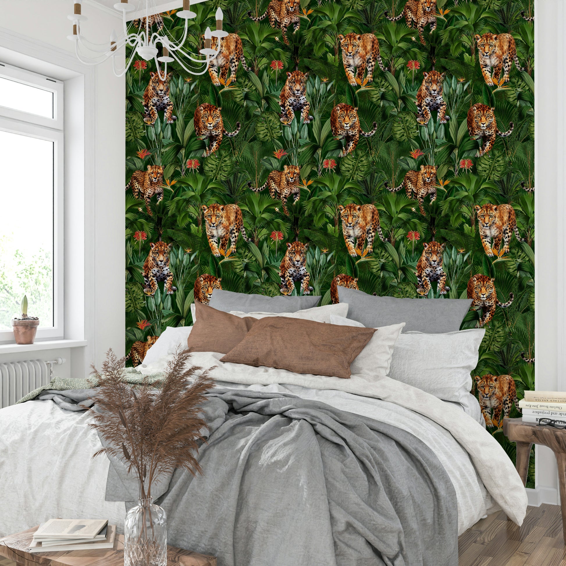 Big cats among tropical foliage in dynamic wallpaper design

