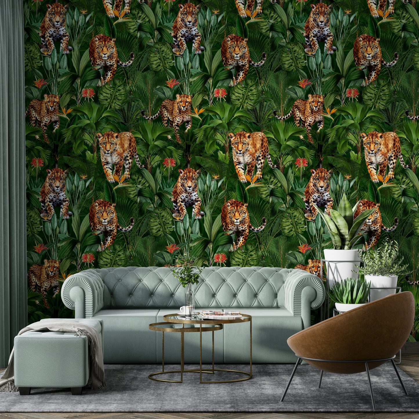 Rich, detailed wallpaper with majestic big cats and tropical plants

