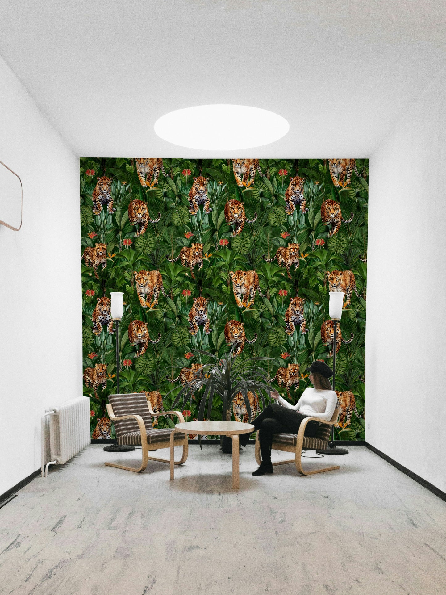 Animal-themed wallpaper with big cats and lush jungle foliage

