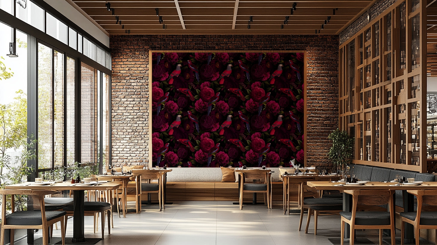 Bold floral wallpaper with a deep midnight background

