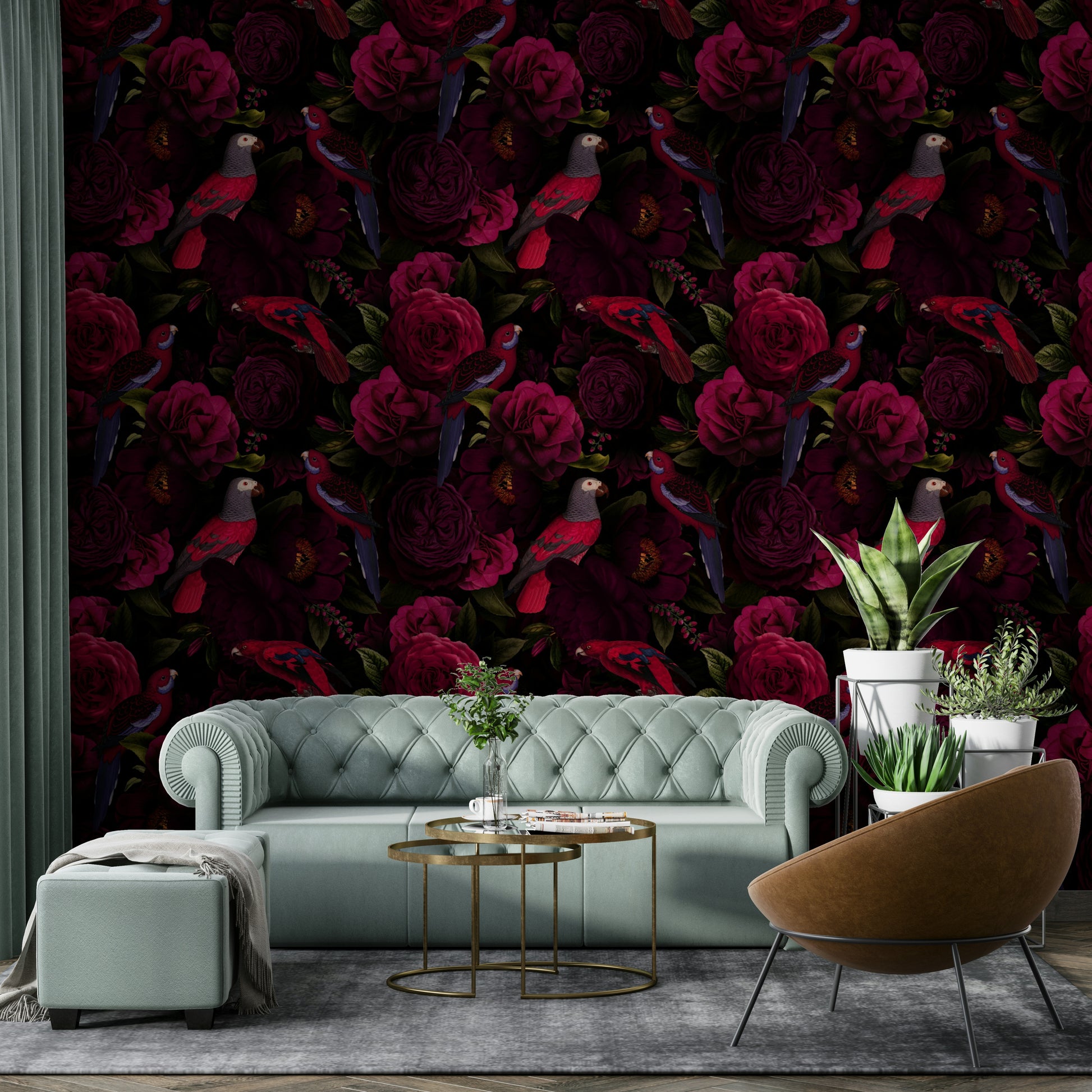 Dark floral wallpaper featuring midnight blue blooms on walls

