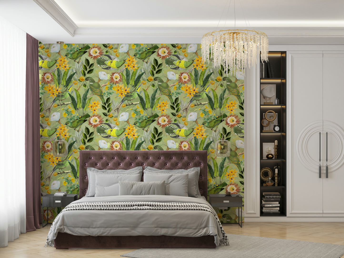 Lush, nature-inspired wallpaper with tropical foliage and birds

