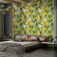 Soft tropical wallpaper with exotic birds and lush leaves

