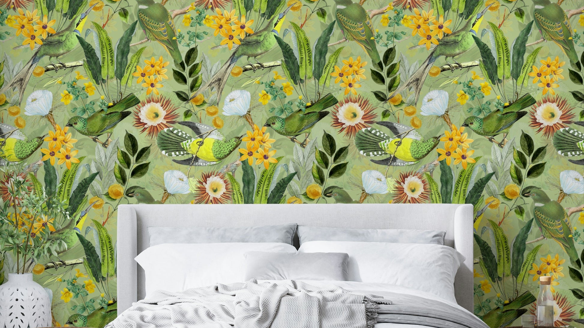 Serene Tropical Aviary wallpaper with lush tropical foliage

