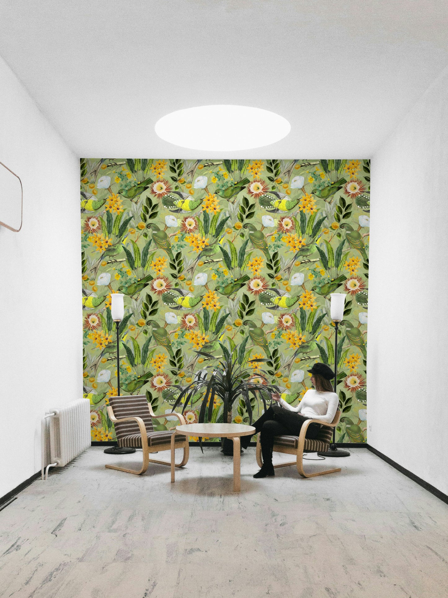 Vibrant green tropical wallpaper with a serene aviary theme

