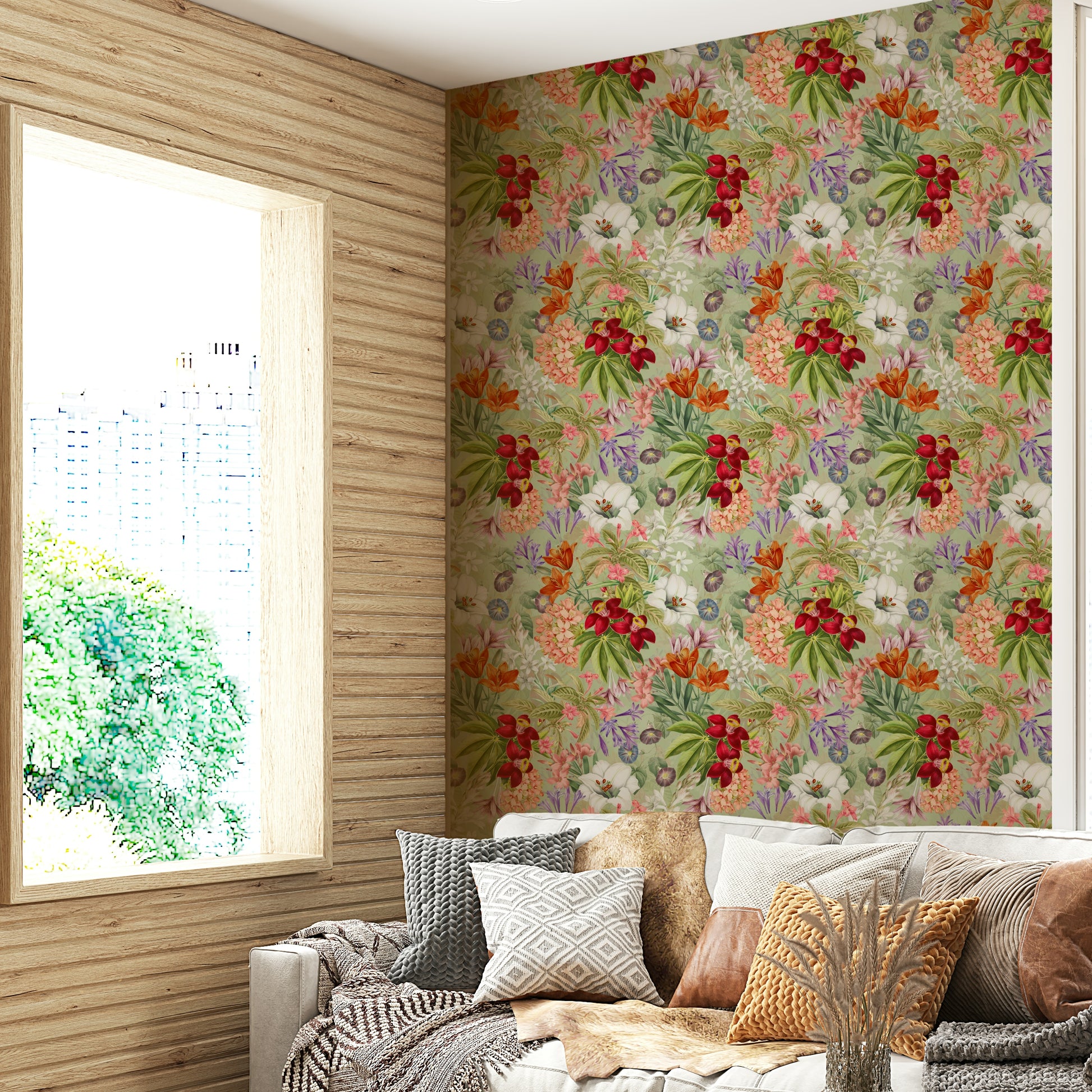 Botanical wallpaper featuring vintage florals and soft green tones

