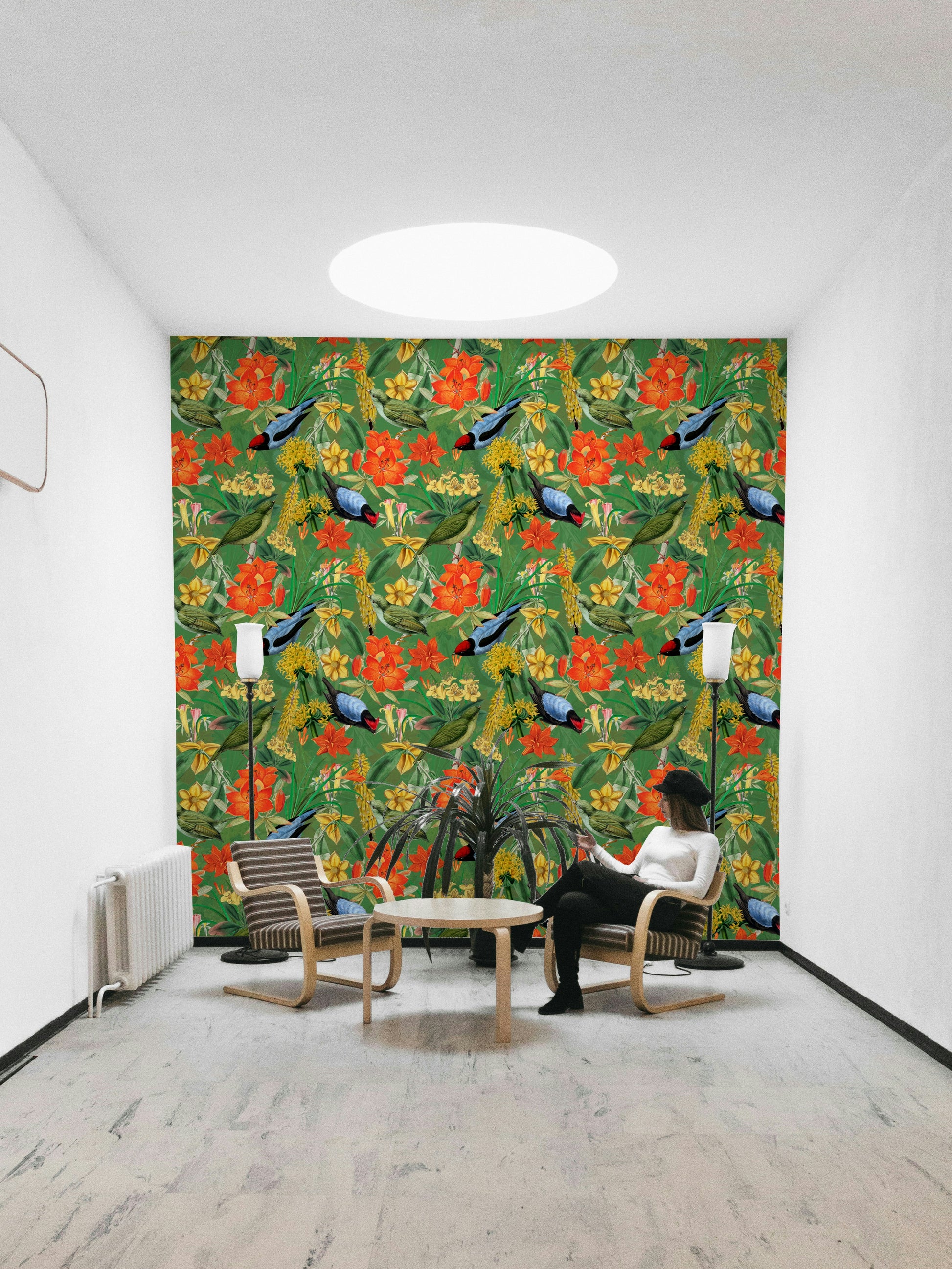 Bright, nature-inspired wallpaper with birds perched among flowers


