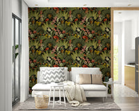Intricate jungle wallpaper with vibrant florals and deep green tones

