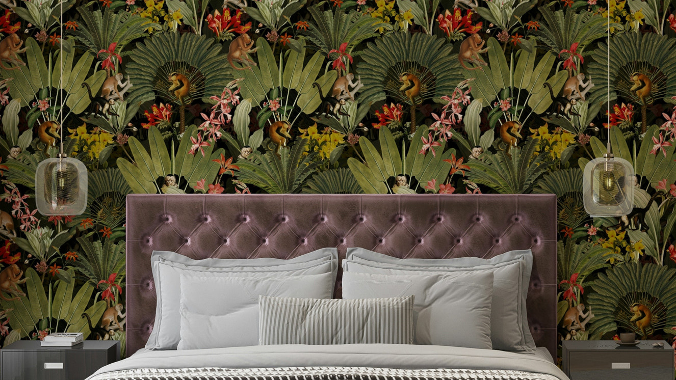 Whispers of the Jungle wallpaper featuring lush foliage and flowers

