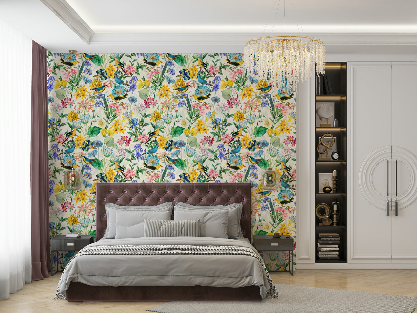 Lively, colorful wallpaper with birds and blooming floral patterns

