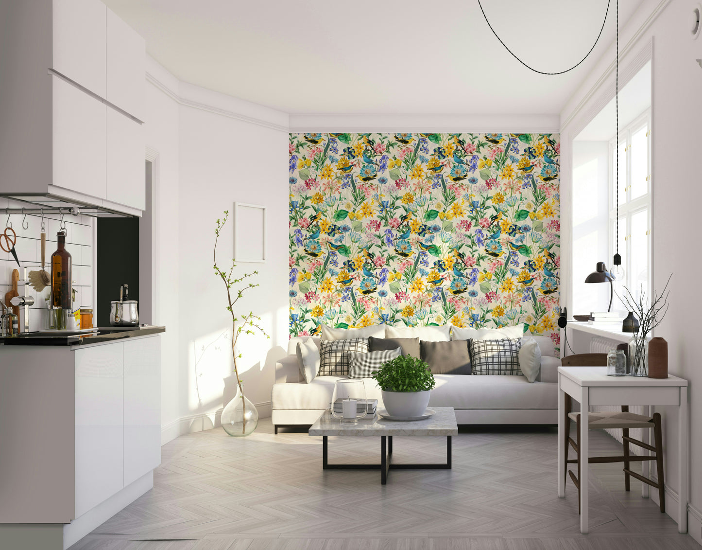 Birds and flowers design for a lively, nature-filled room ambiance

