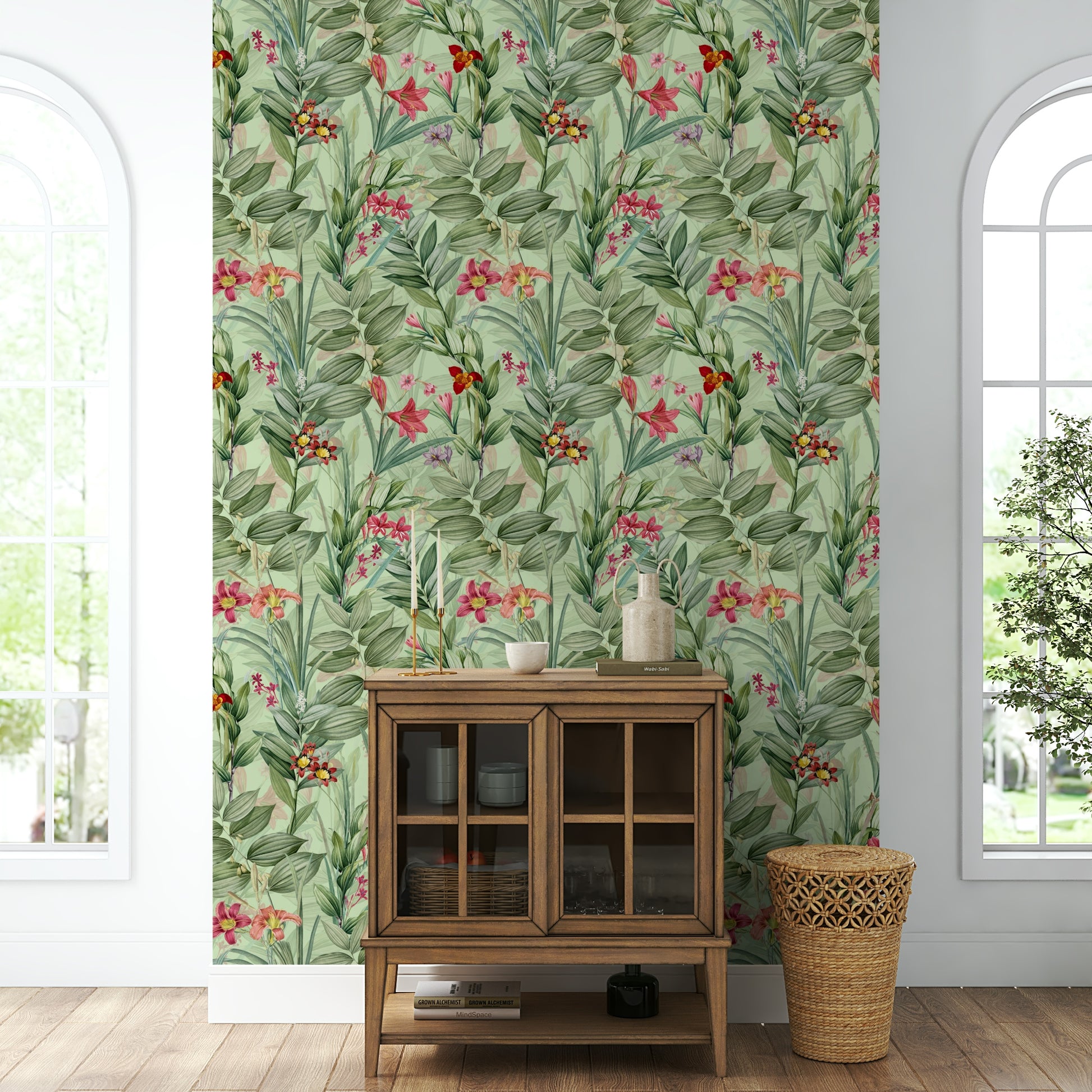 Lush greenery and soft florals in Botanical Rhapsody 1 wallpaper

