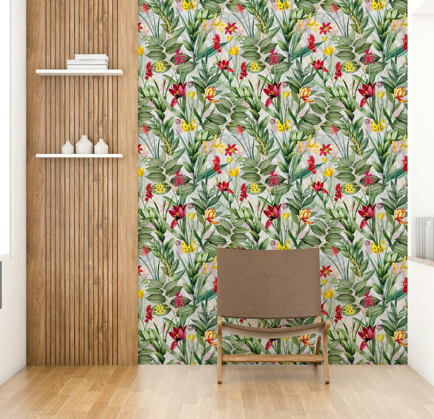 Bold floral wallpaper with dynamic flowers and fresh greenery

