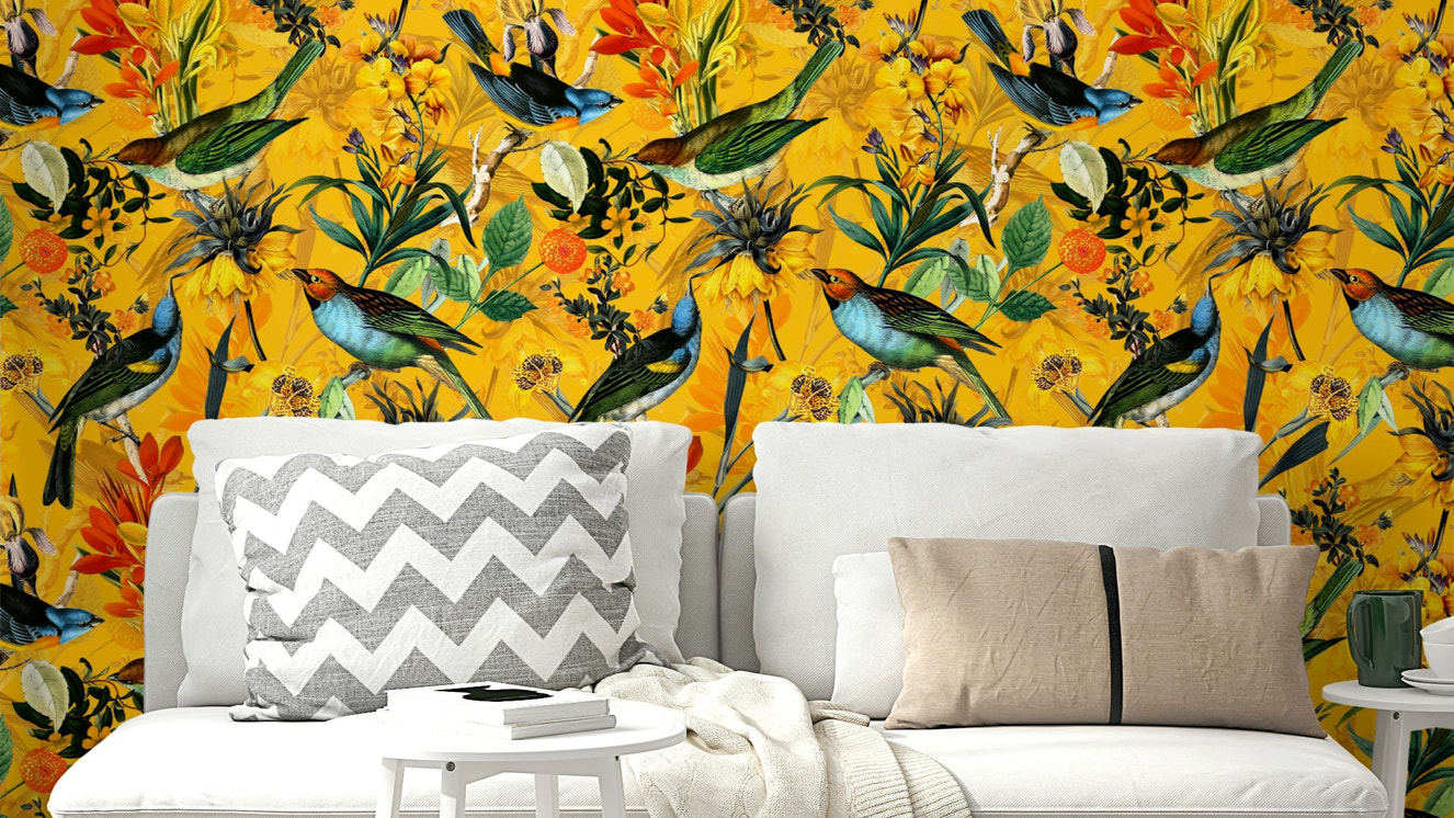 Golden Hour Aviary Wallpaper featuring birds and golden sunset hues.

