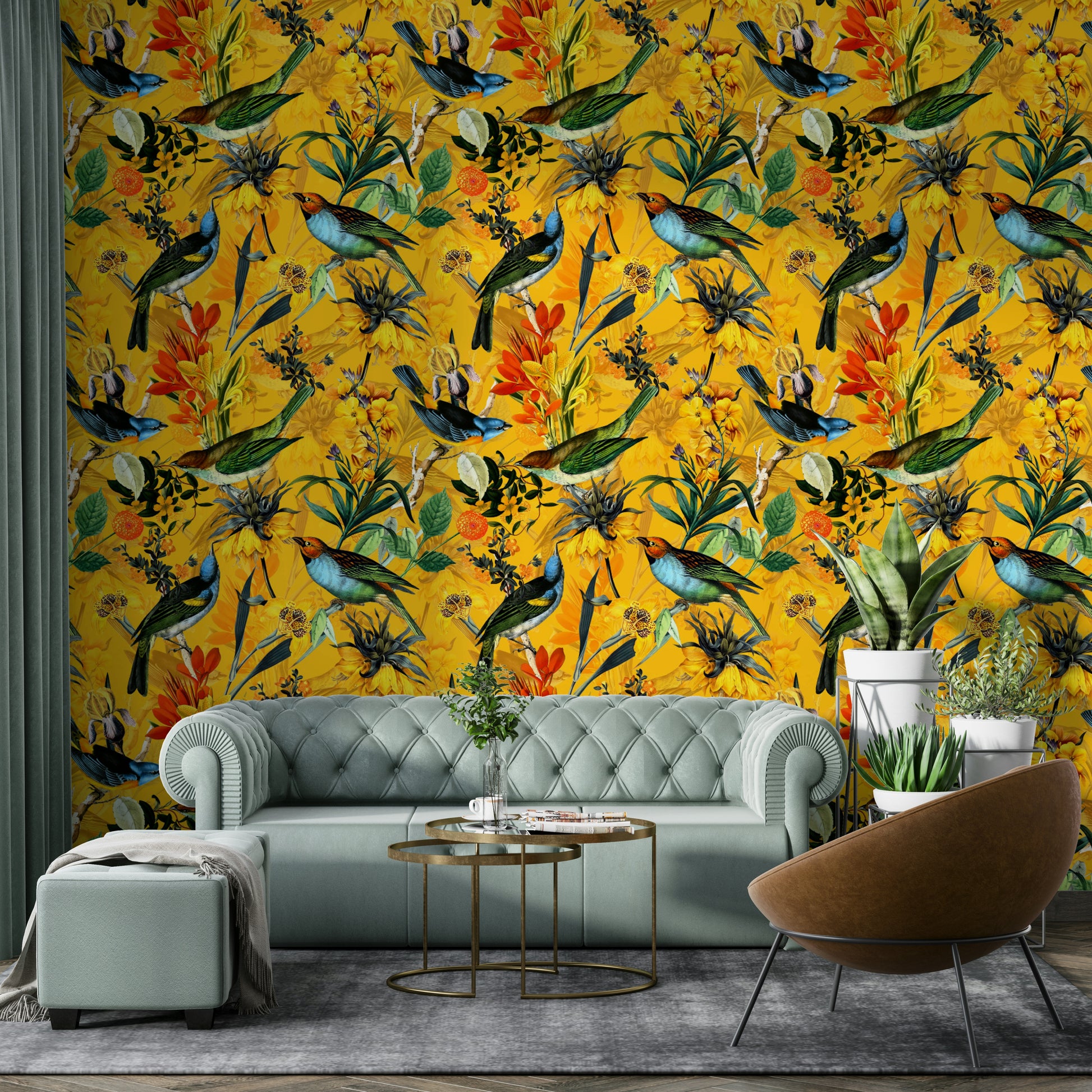 Beautiful bird mural with soft golden hues and tranquil background.

