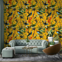Beautiful bird mural with soft golden hues and tranquil background.

