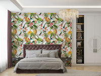 Exotic wallpaper with hummingbirds and lush tropical flowers.

