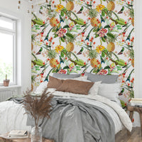 Tropical wall mural with intricate hummingbirds and rich tropical plants.

