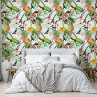 Exotic floral wallpaper mural with bright hummingbirds and tropical elements.

