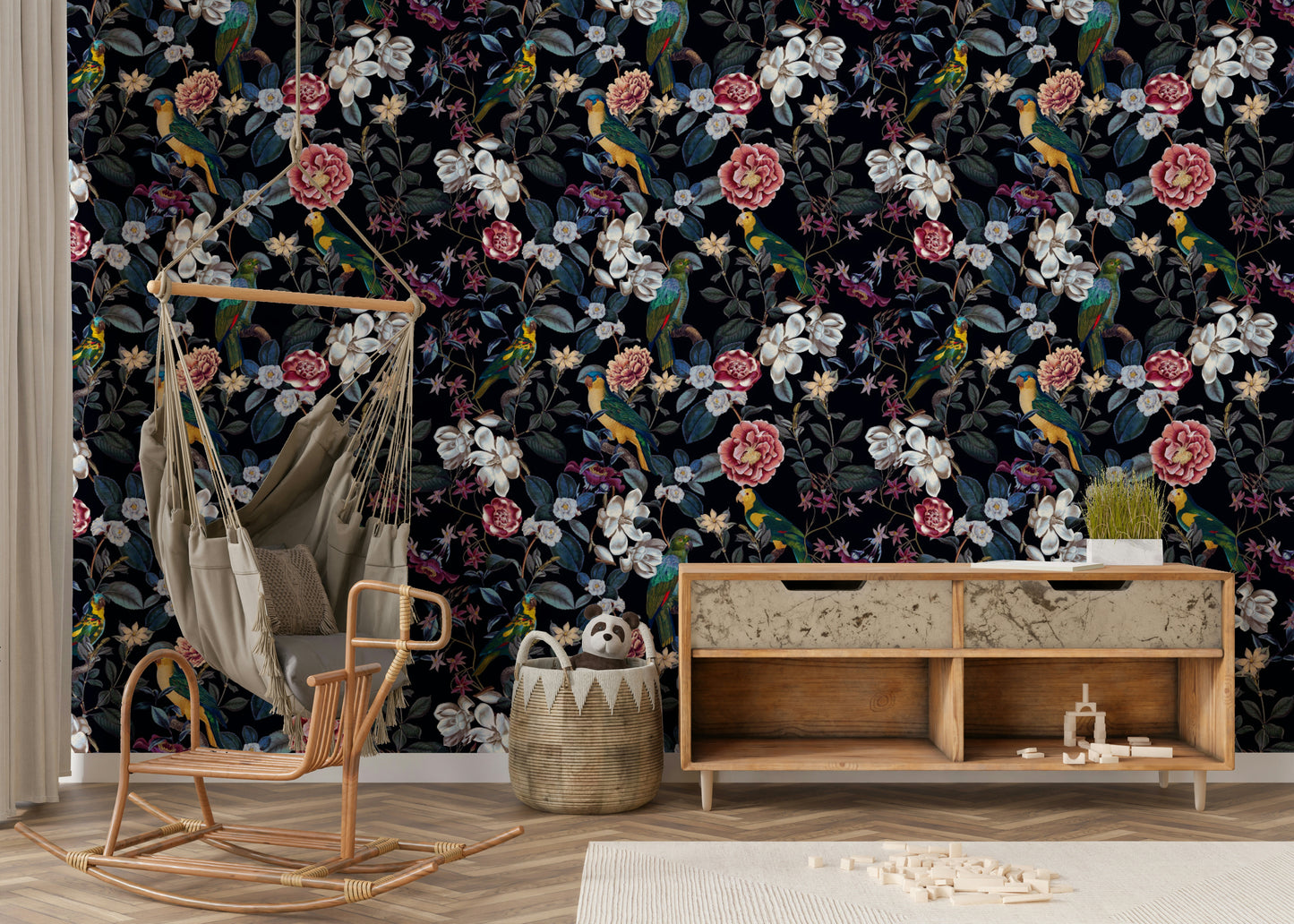 Nocturnal Paradise wall mural with dark plants and vibrant tropical blooms.

