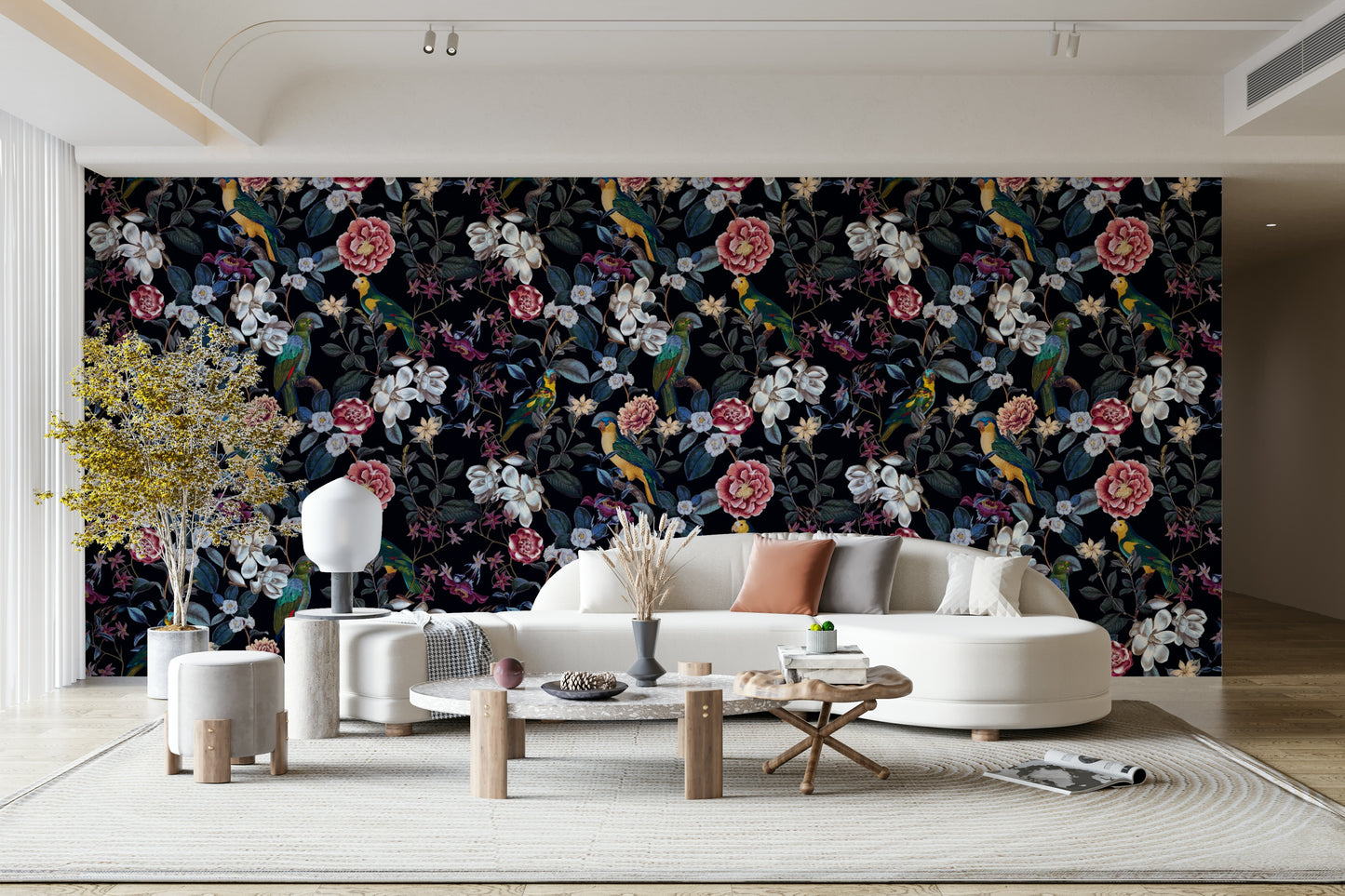 Tropical night-themed wallpaper with exotic foliage and flowers.

