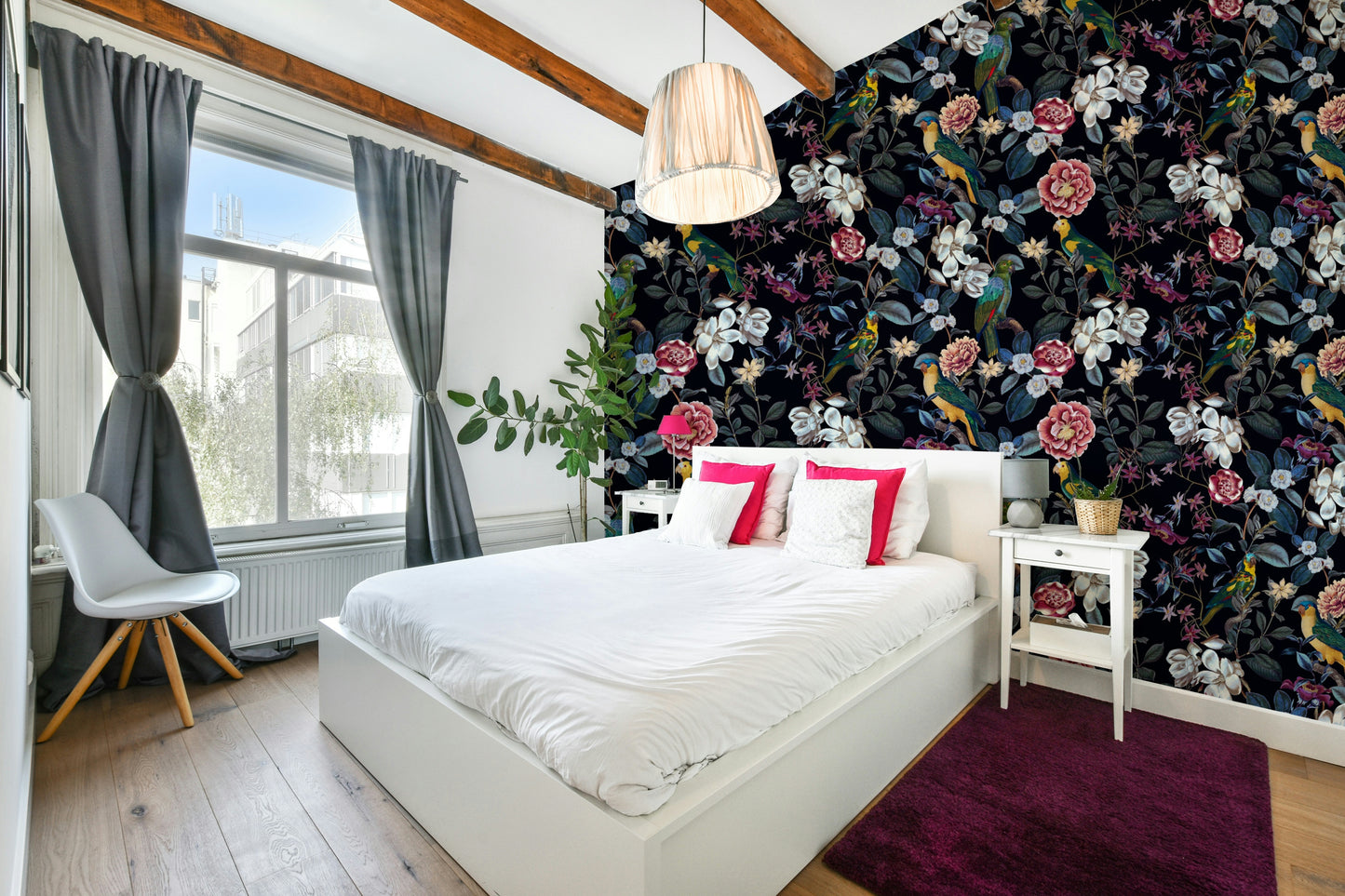 Dark, tropical wall mural with vibrant foliage and flowers in Nocturnal Paradise.


