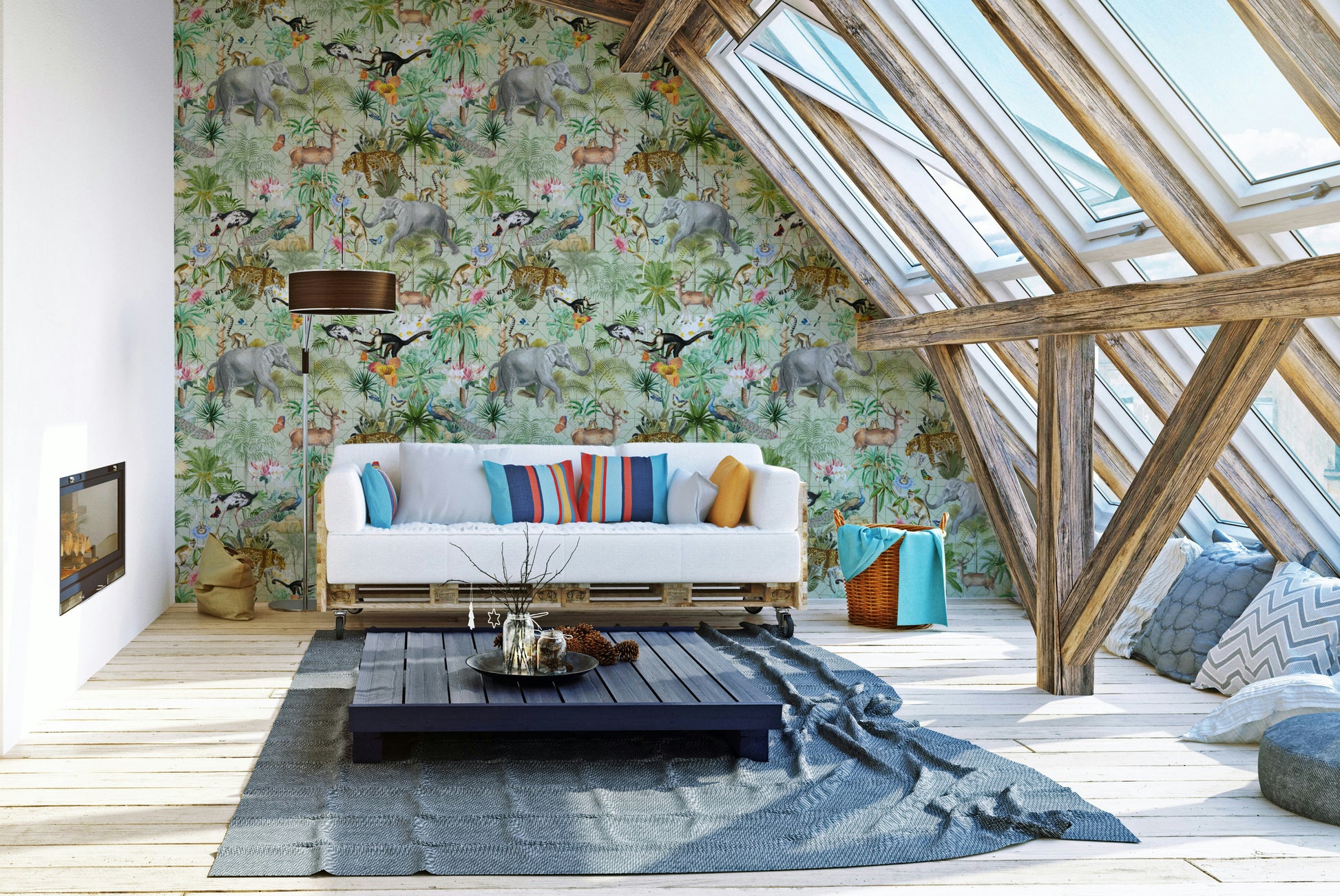 Richly colored wall mural featuring exotic foliage and detailed blooms.

