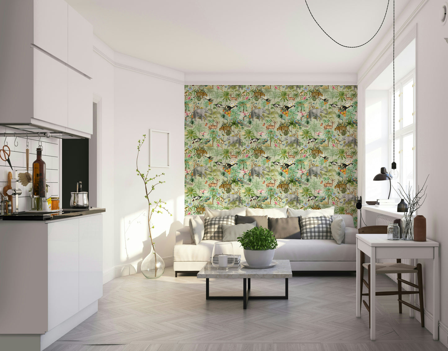 Elegant wallpaper with intricate tropical foliage and exotic plants.

