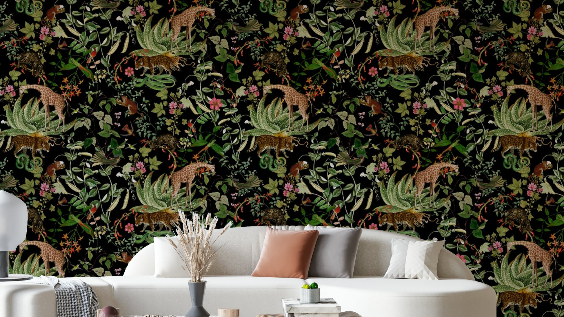 Wild animal and plant wallpaper bringing nature indoors.

