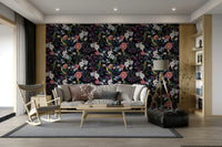 Bold floral wallpaper with deep hues and detailed foliage patterns.

