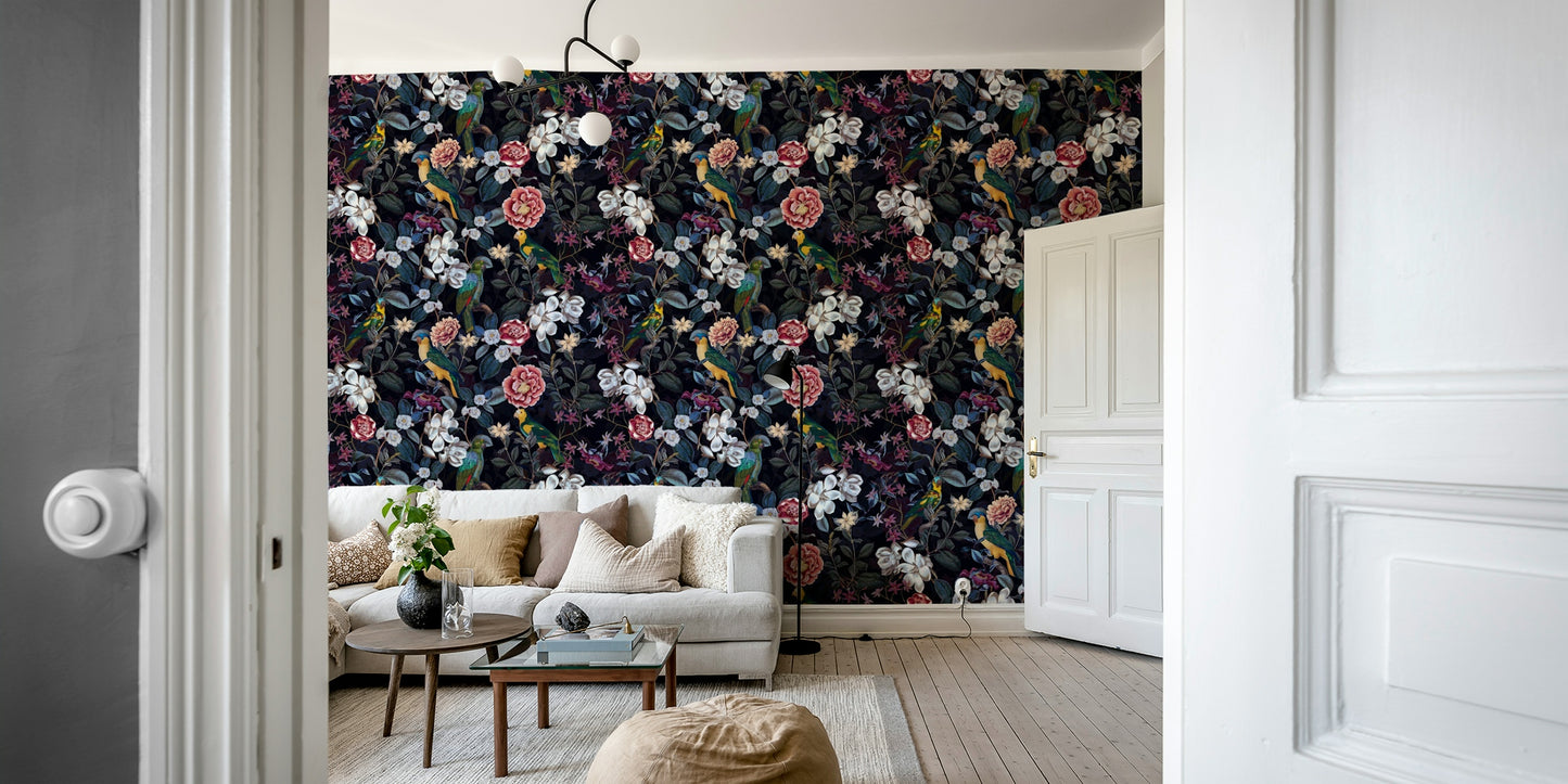 Midnight Garden Rhapsody wallpaper with vibrant blooms against a dark backdrop.


