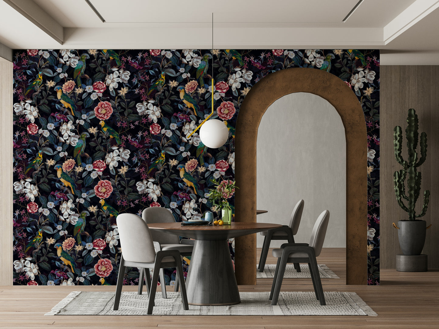 Floral wallpaper mural with dark tones and intricate plant designs.

