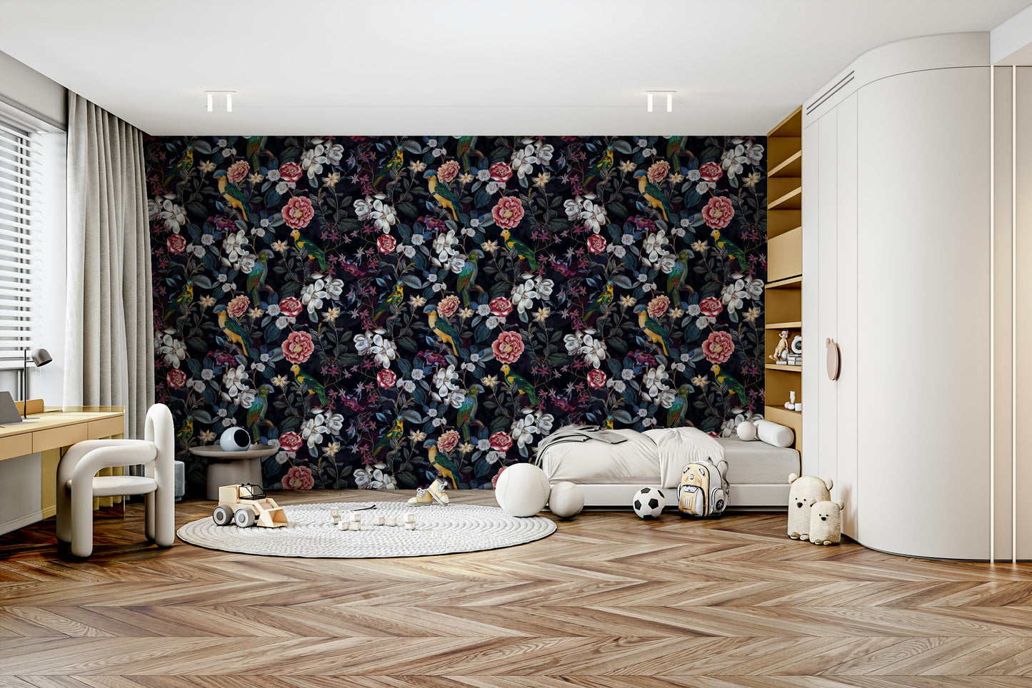 Close-up of Midnight Garden Rhapsody wallpaper with deep floral colors.

