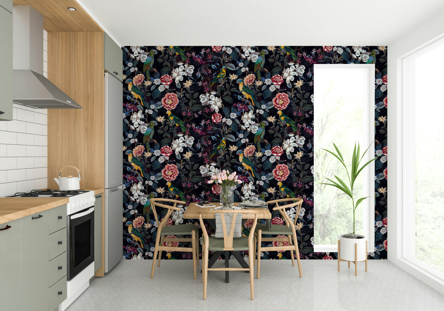 Dramatic floral wallpaper with moody colors and intricate foliage.

