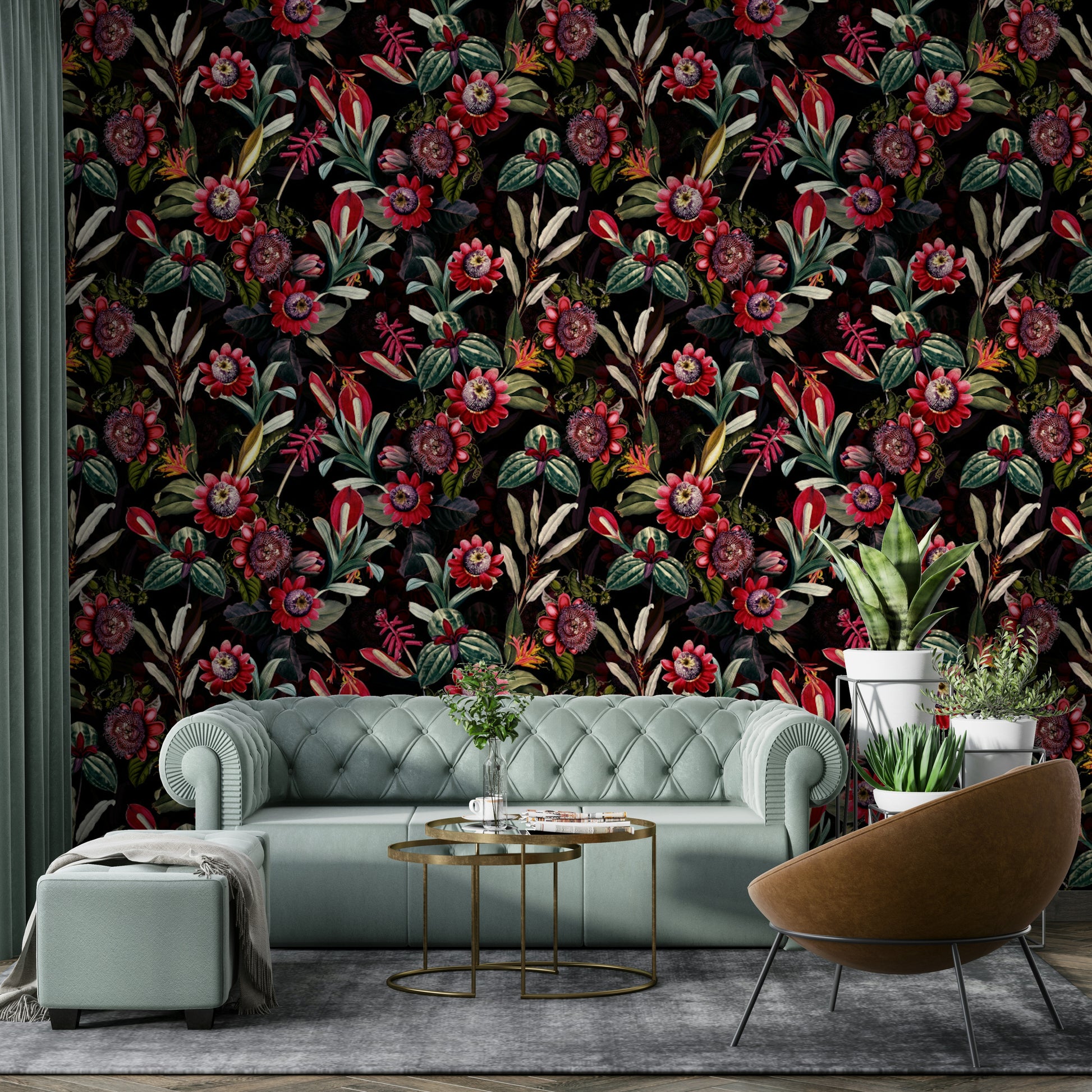 Bold floral design with deep blooms and contrasting dark tones.

