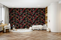 Elegant floral wallpaper with deep blooms and dark foliage.

