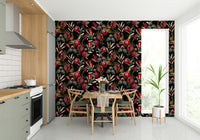 Dark floral wallpaper mural with rich tones and intricate details.

