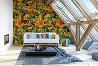 Bold floral wall mural with colorful flowers and tropical foliage.

