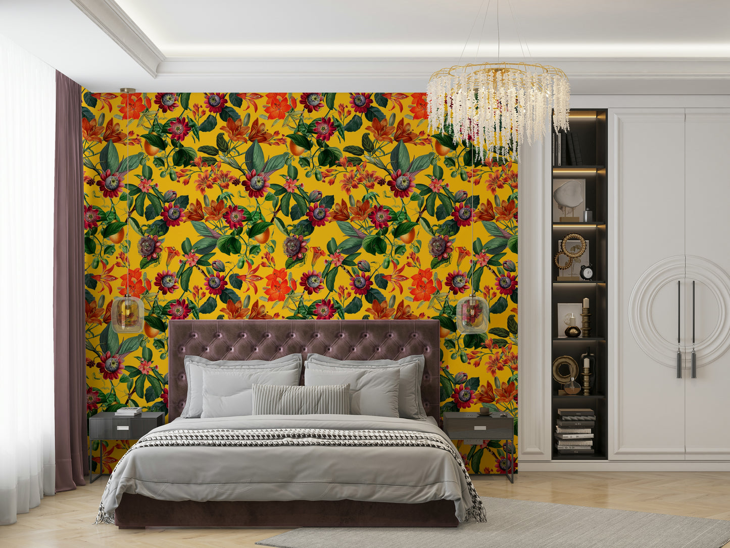 Close-up view of vibrant botanical wallpaper with rich colors.

