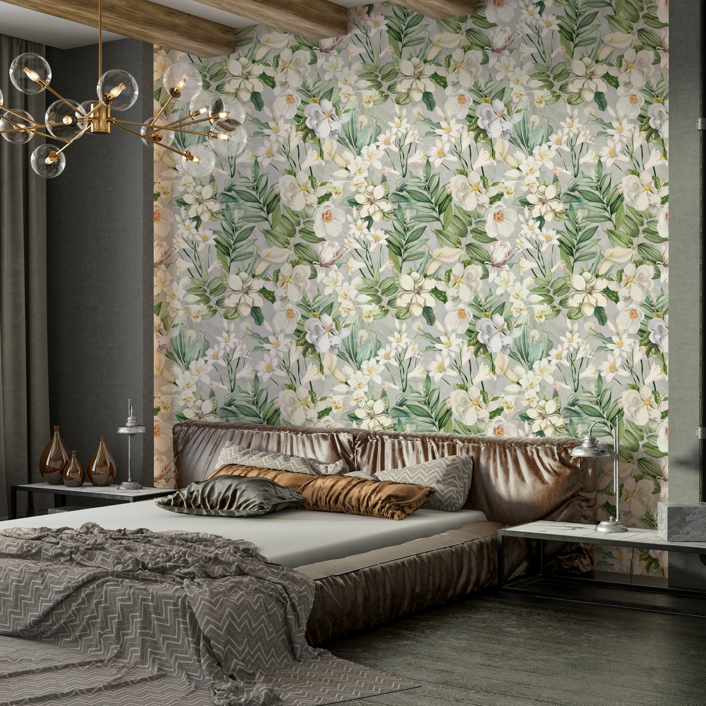 Close-up of Serene Botanical Bloom wallpaper with soft green foliage.

