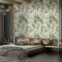 Close-up of Serene Botanical Bloom wallpaper with soft green foliage.

