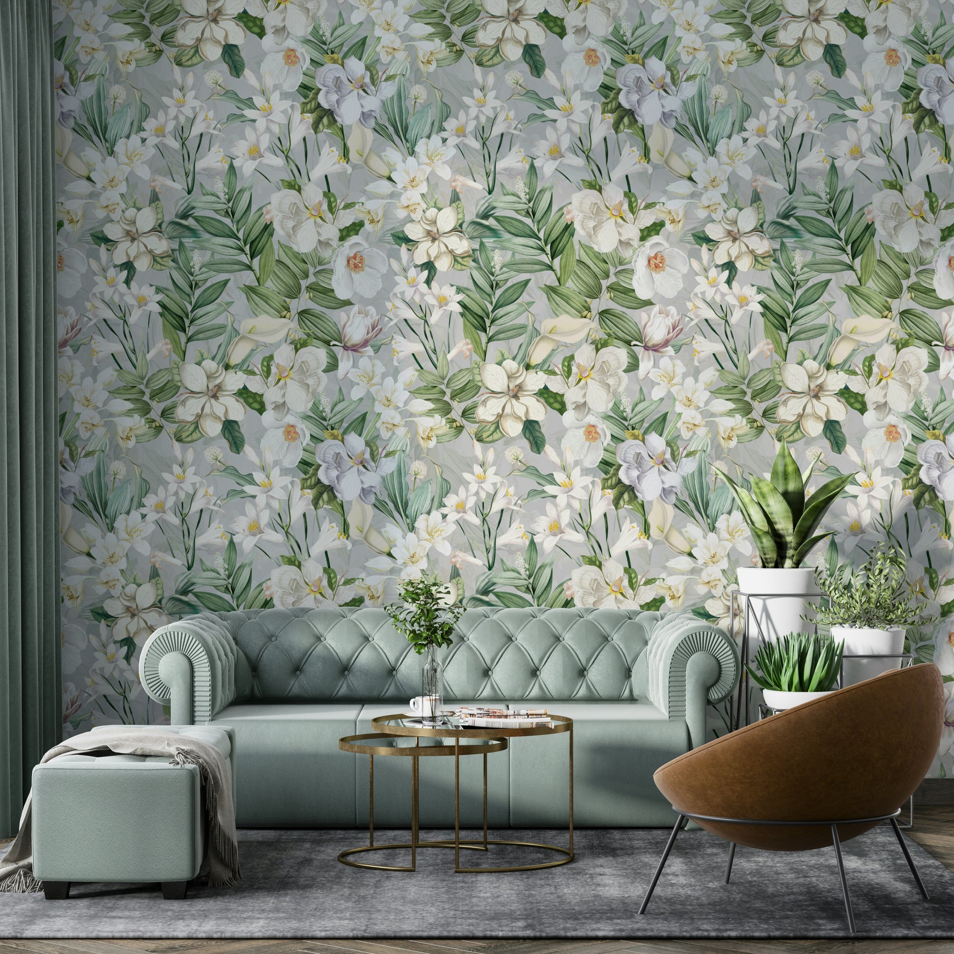 Floral mural wallpaper with intricate botanical designs.

