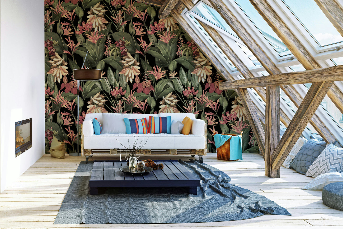Tropical wallpaper with dark foliage and glowing floral details.

