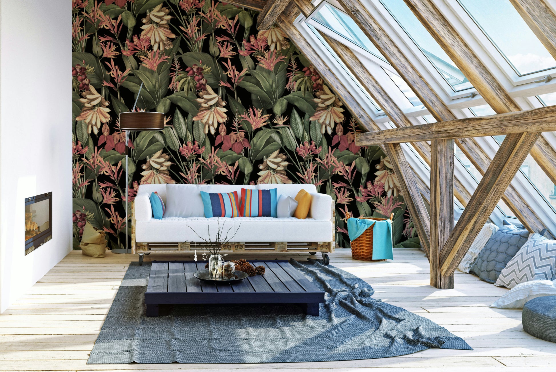 Tropical wallpaper with dark foliage and glowing floral details.

