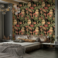 Exotic wallpaper featuring dark tropical foliage and colorful plants.

