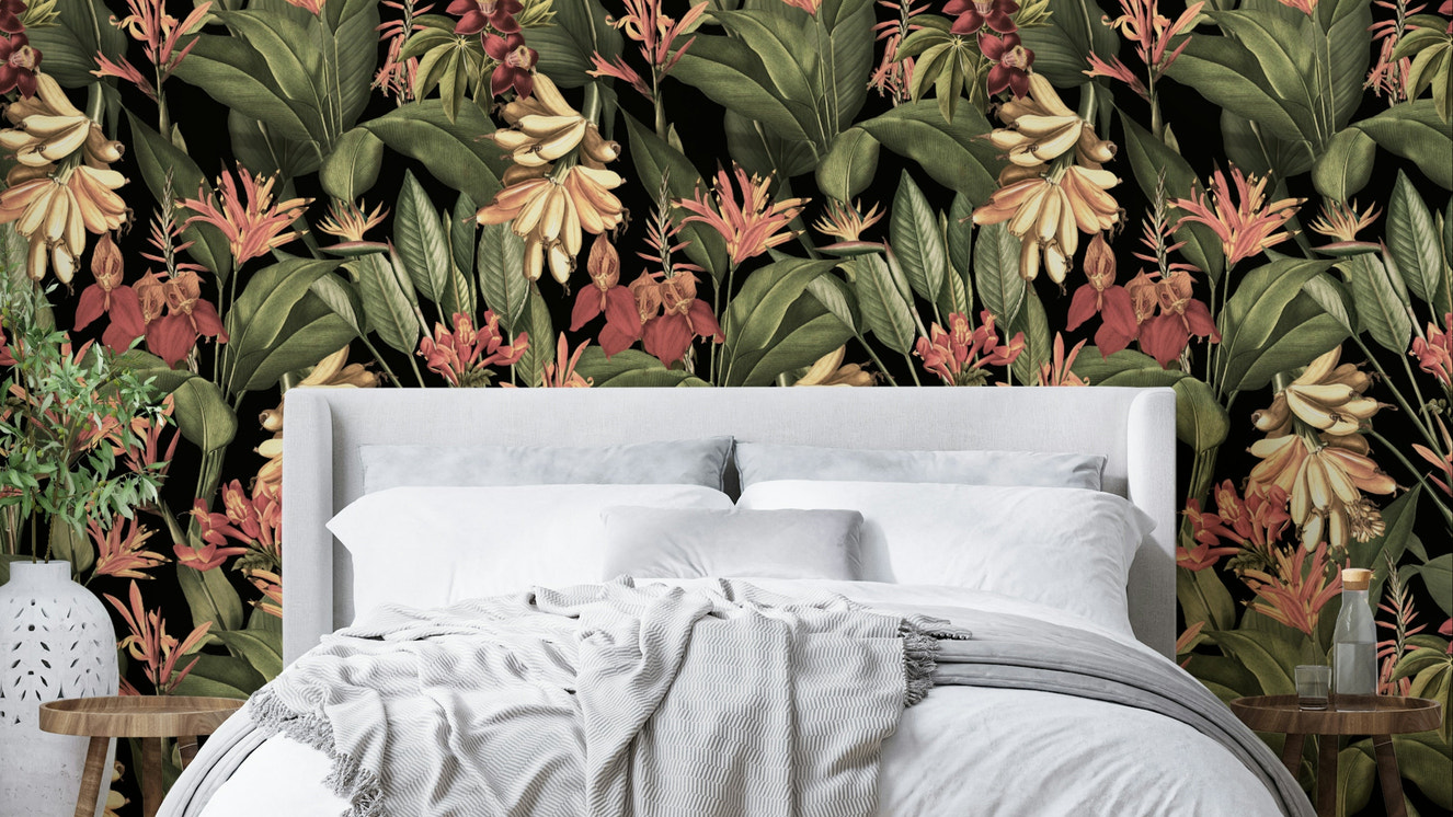 Tropical Nights Wallpaper with dark foliage and vibrant accents.

