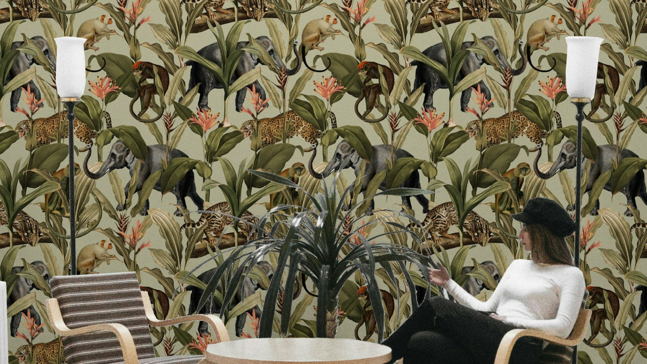 Close-up of Jungle Majesty mural with vibrant tropical plants.

